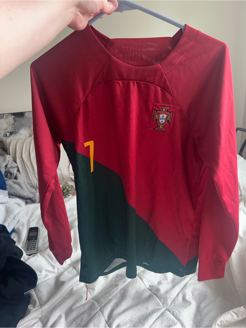 Kids Red & Green Long Sleeve Soccer Top - Portugal Crest
